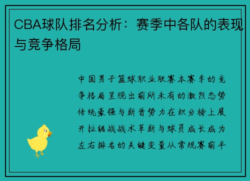 CBA球队排名分析：赛季中各队的表现与竞争格局