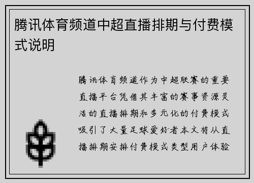 腾讯体育频道中超直播排期与付费模式说明