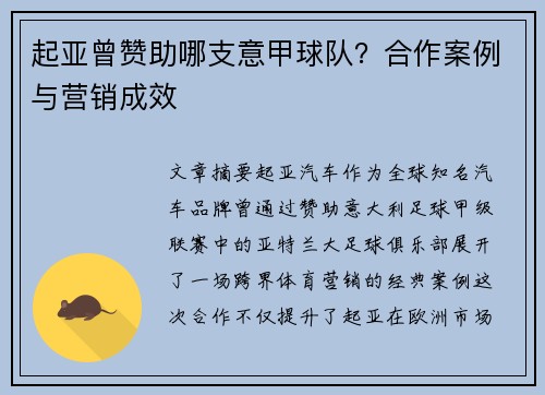 起亚曾赞助哪支意甲球队？合作案例与营销成效