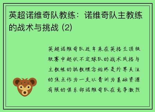 英超诺维奇队教练：诺维奇队主教练的战术与挑战 (2)
